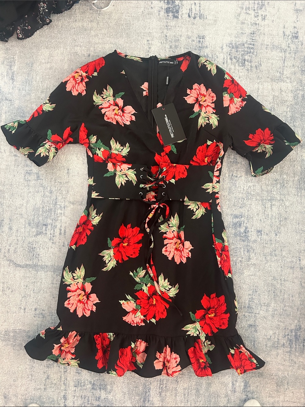 NWT Floral Lace-Up Black Corset Mini Dress with Red & Pink Flowers